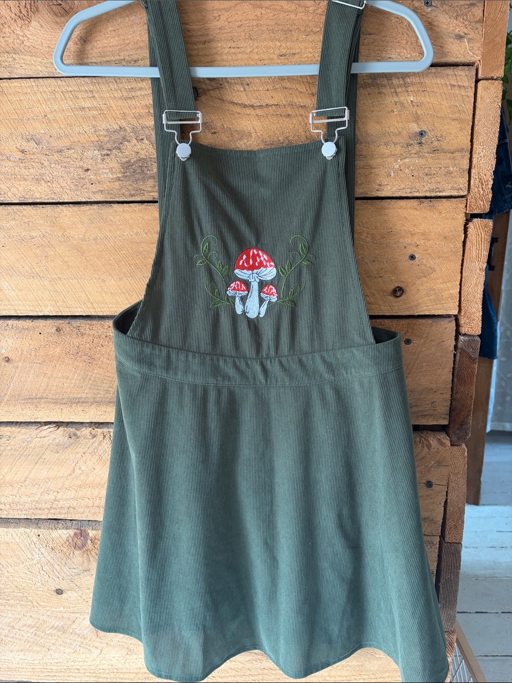 SHEIN Olive Green Mini Pinafore Dress with Red & White Mushroom Embroidery
